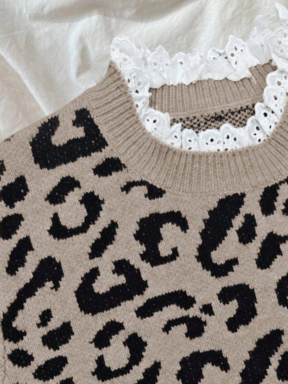 Multicolor Casual Women's Round Neck Lace detailed Leopard Print Knit Sweater - Picture 3 of 10